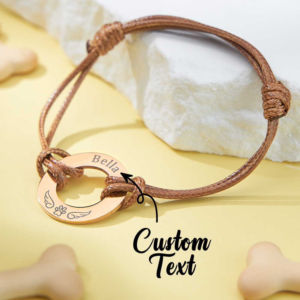 Personalized Engraved Angel Wings Pet Paw Print PU Leather Rope Bracelet Memorial Gift for Pet Lovers-Blongser