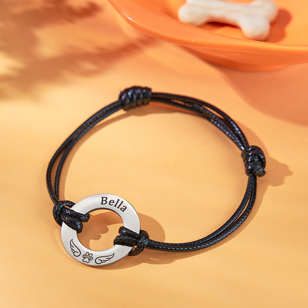 Personalized Engraved Angel Wings Pet Paw Print PU Leather Rope Bracelet Memorial Gift for Pet Lovers-Blongser