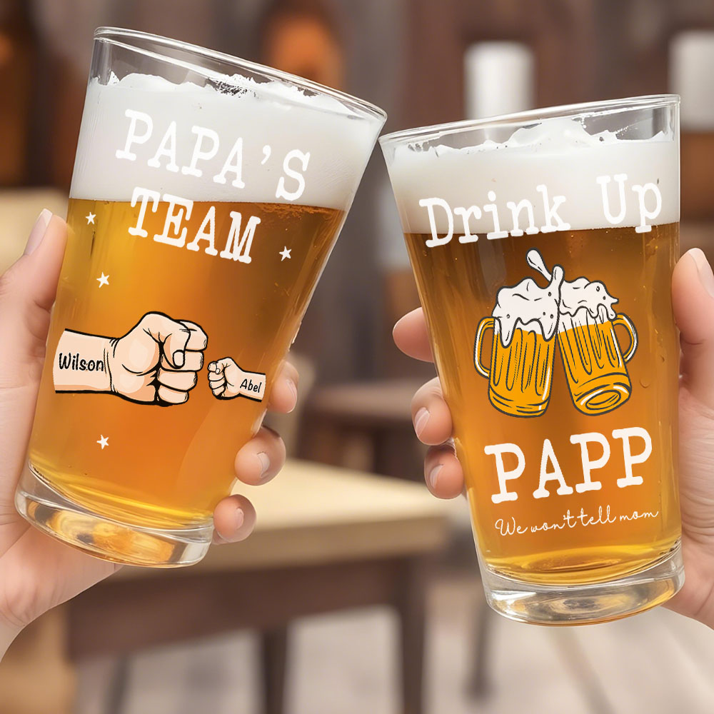 Personalized Beer Glass Drink Up Dad, We Won't Tell Mom Fist Beer Glass Gift for Dad Grandpa-Blongser