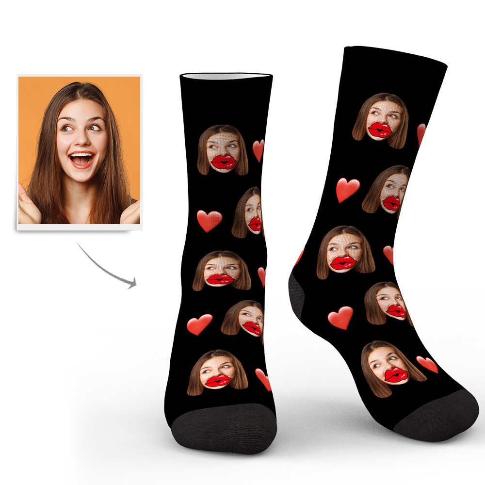 Custom Face Socks Personalized Unisex Socks with Heart and Red Lips-Blongser