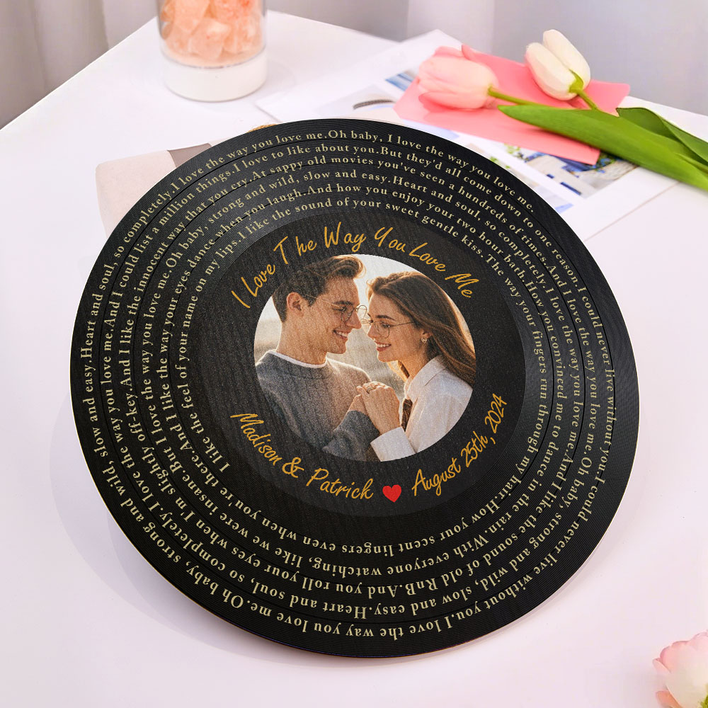 Personalized Vinyl Record Song Lyrics and Photo Round Wood Sign Gift for Lover-Blongser
