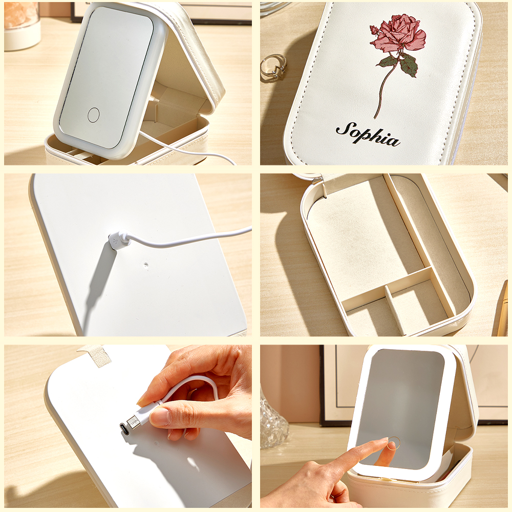 Personalized Birth Flower PU Leather Jewelry Box with LED Makeup Mirror Birthday Gift for Her-Blongser