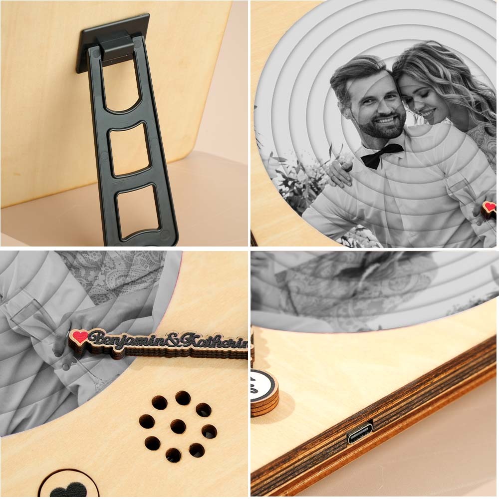Personalized Photo Wooden Album Music Record Player Wedding Anniversary Gift for Couples-Blongser