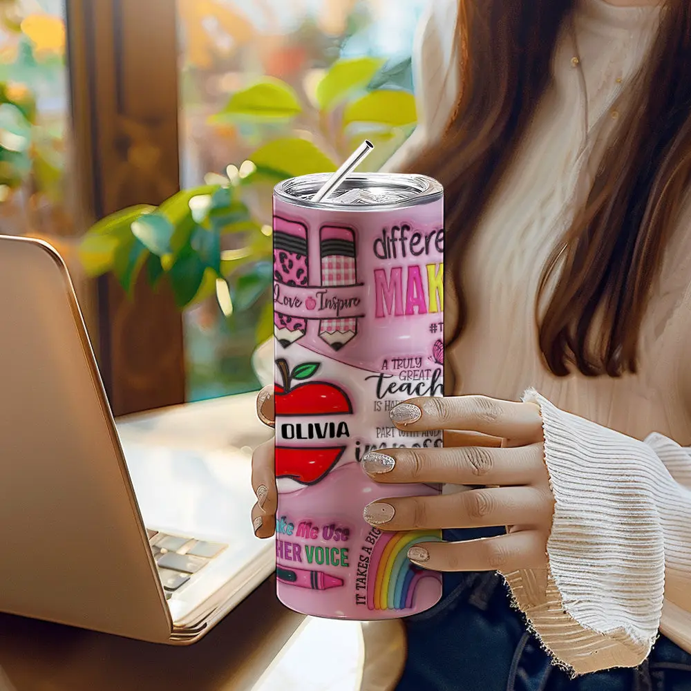 Personalized 3D Apple Pencil Design 20oz Skinny Tumbler Lid and Straw Back to School Gift for Teacher-Blongser