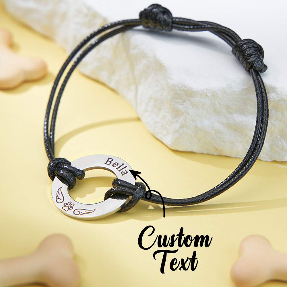 Personalized Engraved Angel Wings Pet Paw Print PU Leather Rope Bracelet Memorial Gift for Pet Lovers-Blongser