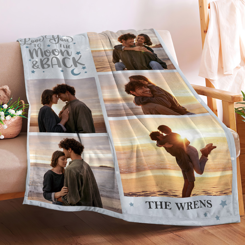 LOVE U TO THE MOON BACK Personalized Five Photos and Text Blanket-Blongser