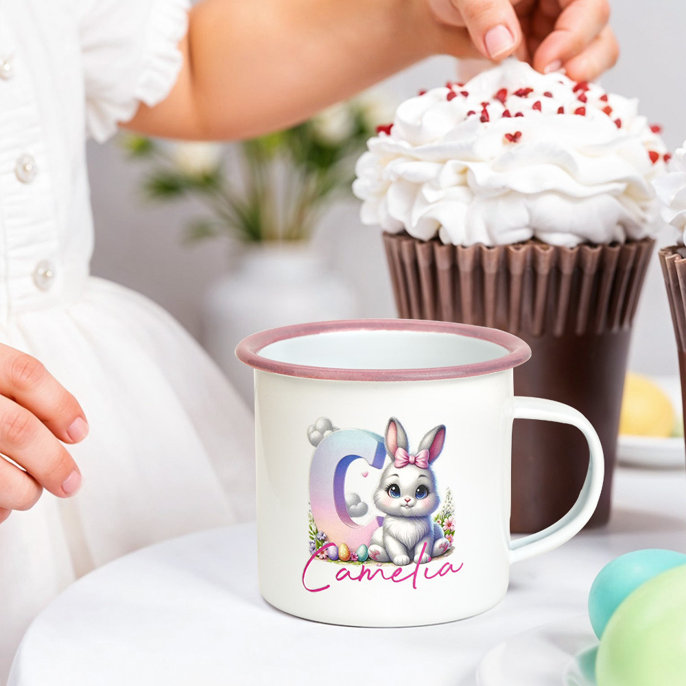 Personalized Easter Bunny Enamel Mug with Name Gradient Initial 12oz Cup Easter Gift for Kids-Blongser