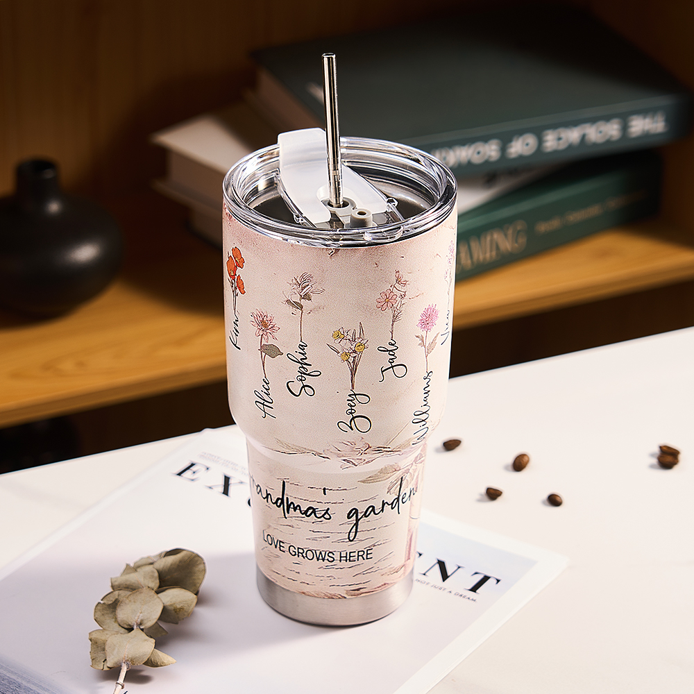 Custom 30oz Insulated Tumbler with Watercolor Birth Flower Name Text – Perfect Birthday Gift for Mom or Grandma-Blongser