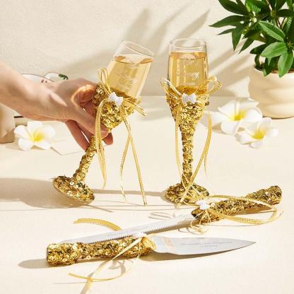 Personalized Champagne Flutes and Cake Server Set for Bride and Groom Wedding Gift-Blongser