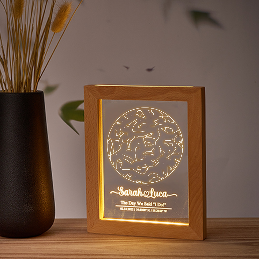 Custom Engraved Star Map Print Constellation Print Night Light with Wood Frame-Blongser