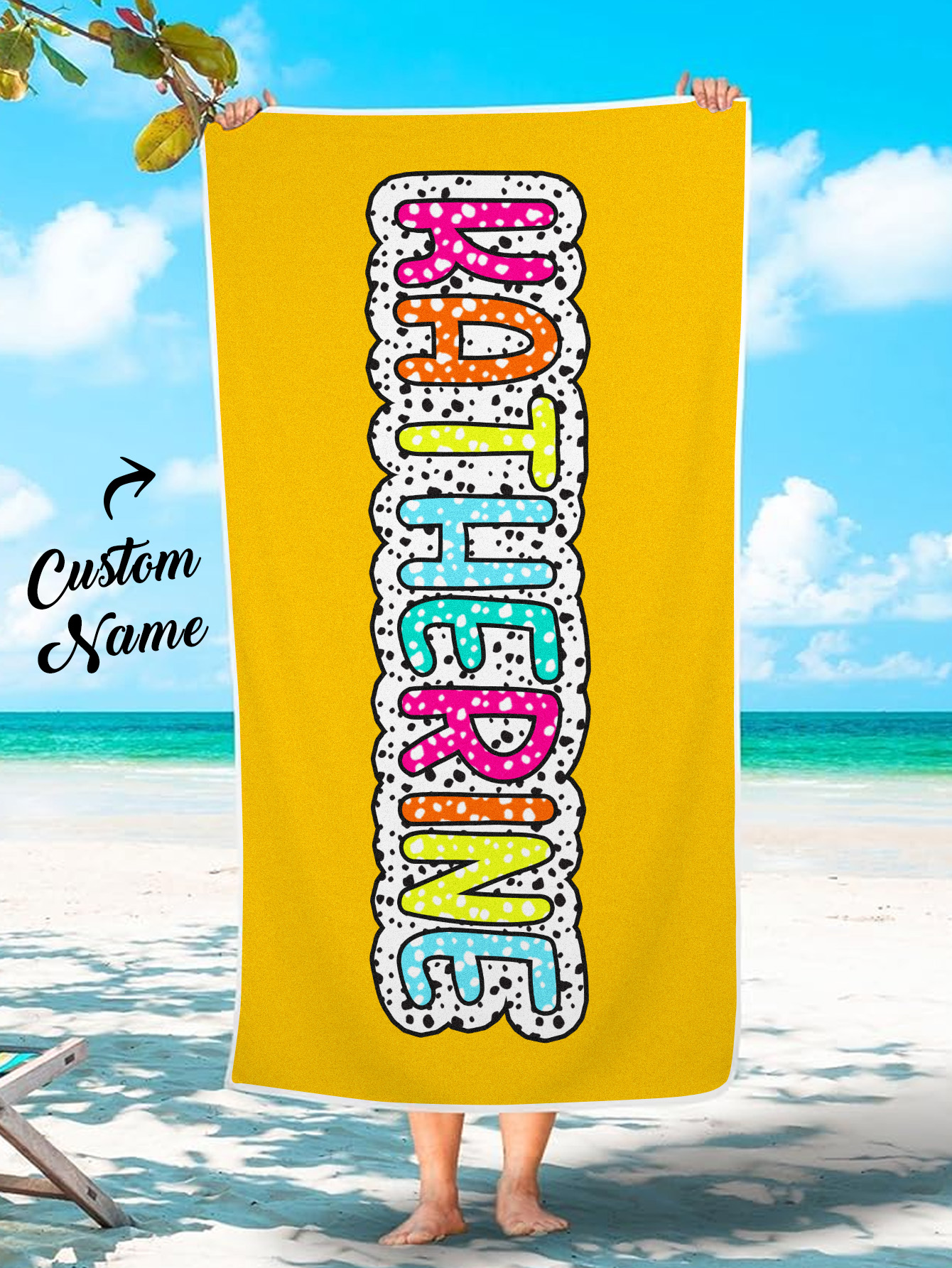 Personalized Dalmatian Dots Beach Towel with Rainbow Name Summer Vacation Bridesmaid Party Gift for Her-Blongser