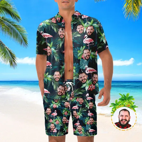 Custom Face Hawaiian Shirt And Beach Shorts Set Personalized Men's Photo Flamingo Flower Set Vacation Party Gift-Blongser