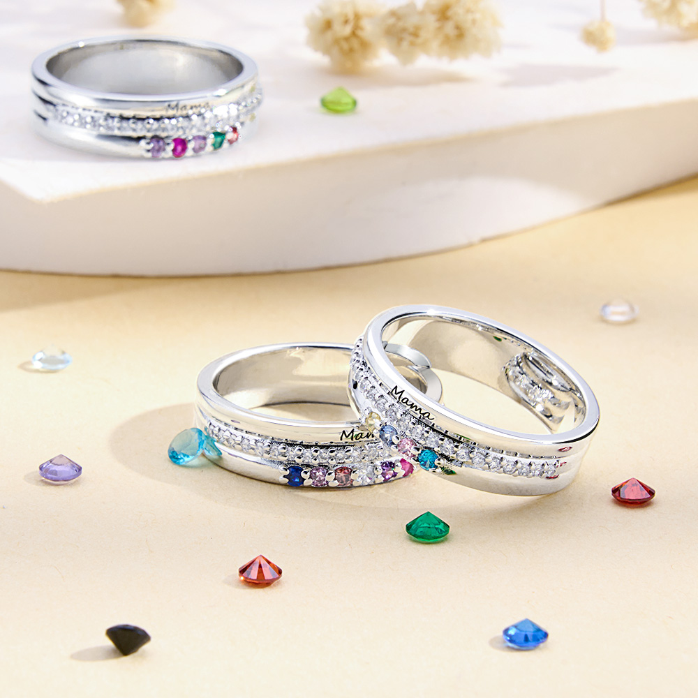 Personalized Birthstones Ring with Engraved Text Family Ring Jewelry Birthday Gift for Mom Grandma-Blongser