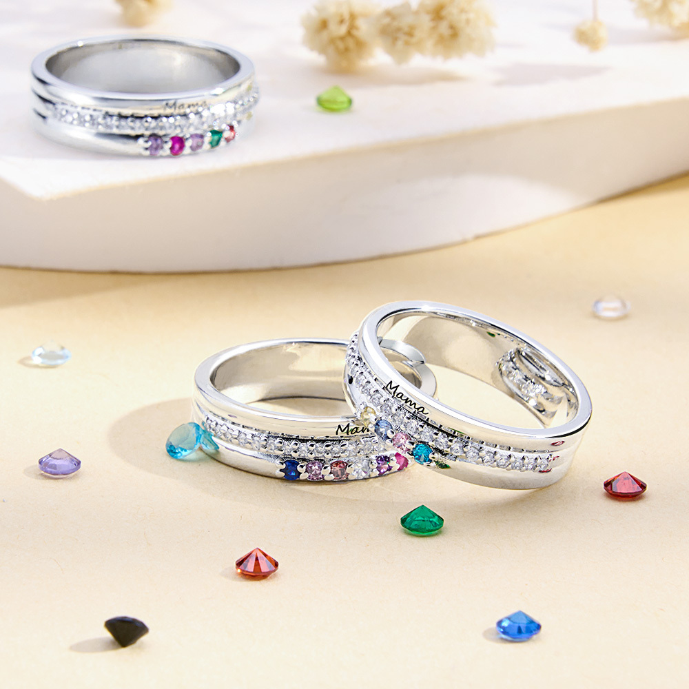Personalized Birthstones Ring with Engraved Text Family Ring Jewelry Birthday Gift for Mom Grandma-Blongser