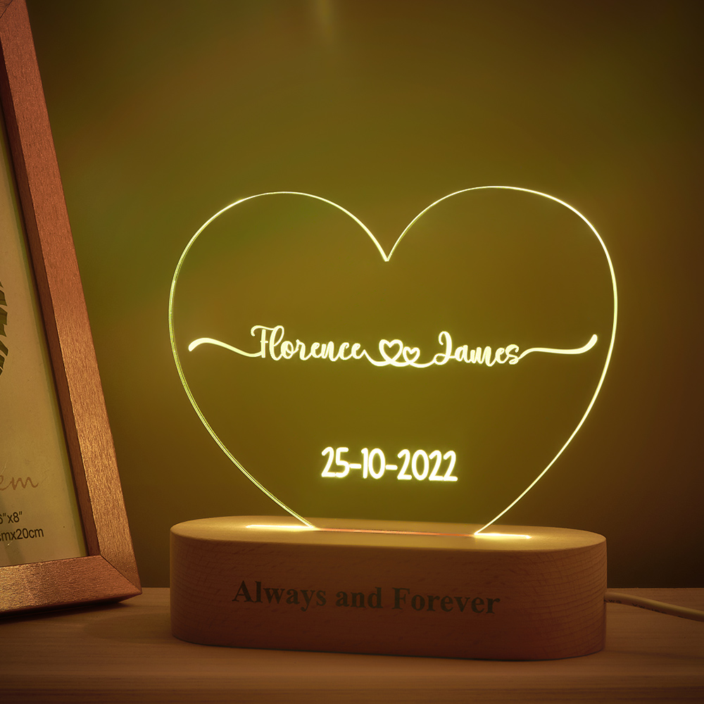 Heart Shaped Acrylic Plaque Personalized Name and Date Night Light-Blongser