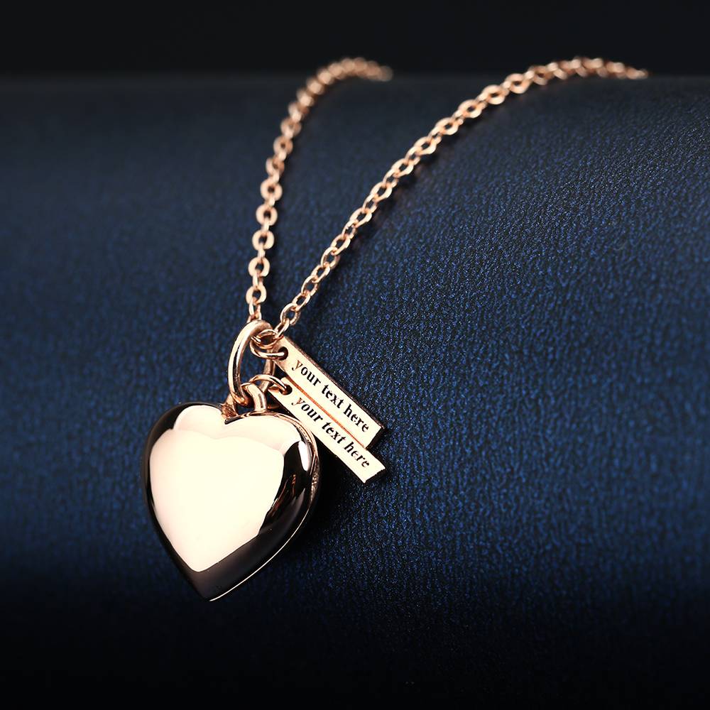 Custom Heart Photo Locket Necklace with Two Engraved Bars-Blongser