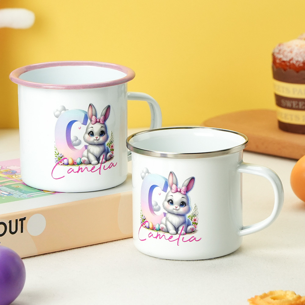 Personalized Easter Bunny Enamel Mug with Name Gradient Initial 12oz Cup Easter Gift for Kids