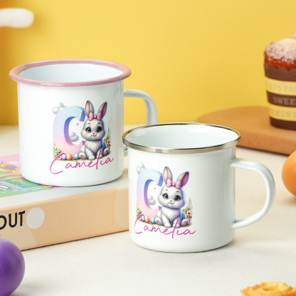 Personalized Easter Bunny Enamel Mug with Name Gradient Initial 12oz Cup Easter Gift for Kids-Blongser