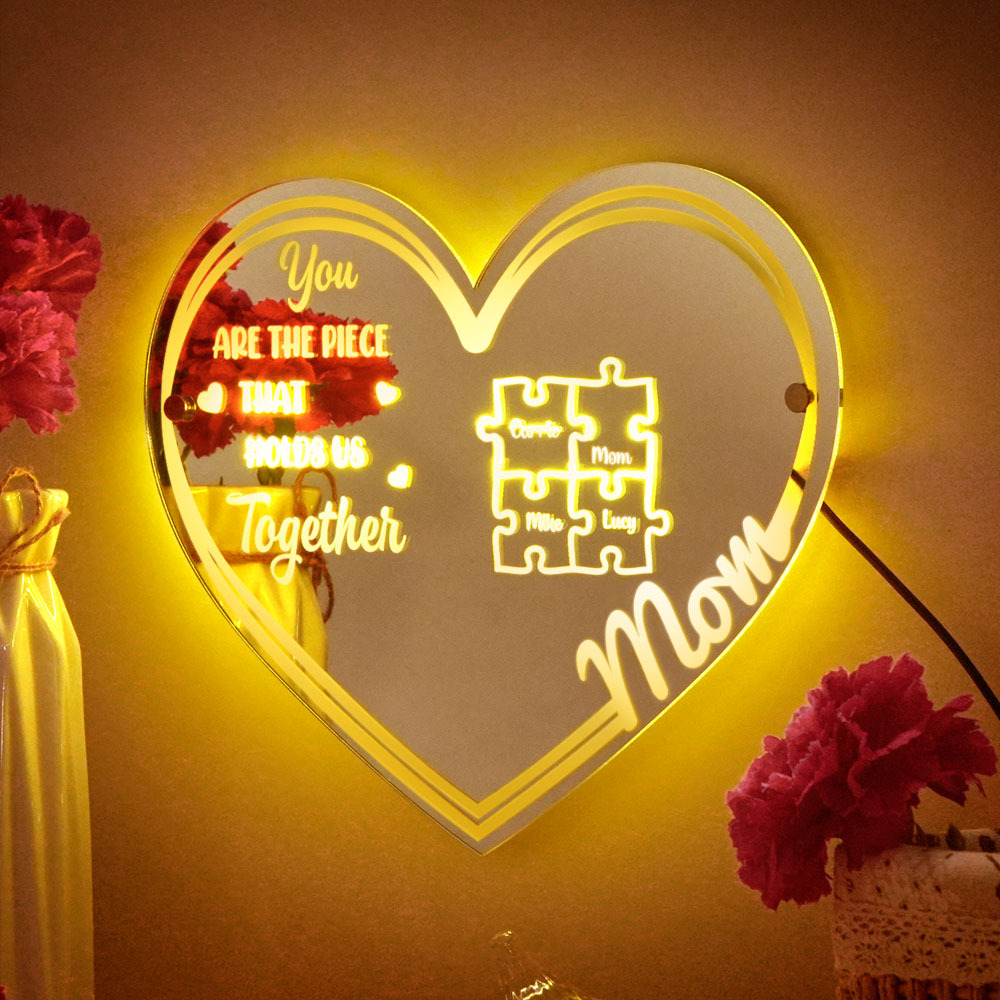 Personalized Mom You Are the Piece That Holds Us Together Mirror Light Puzzle Piece Sign Mother's Day Gifts-Blongser