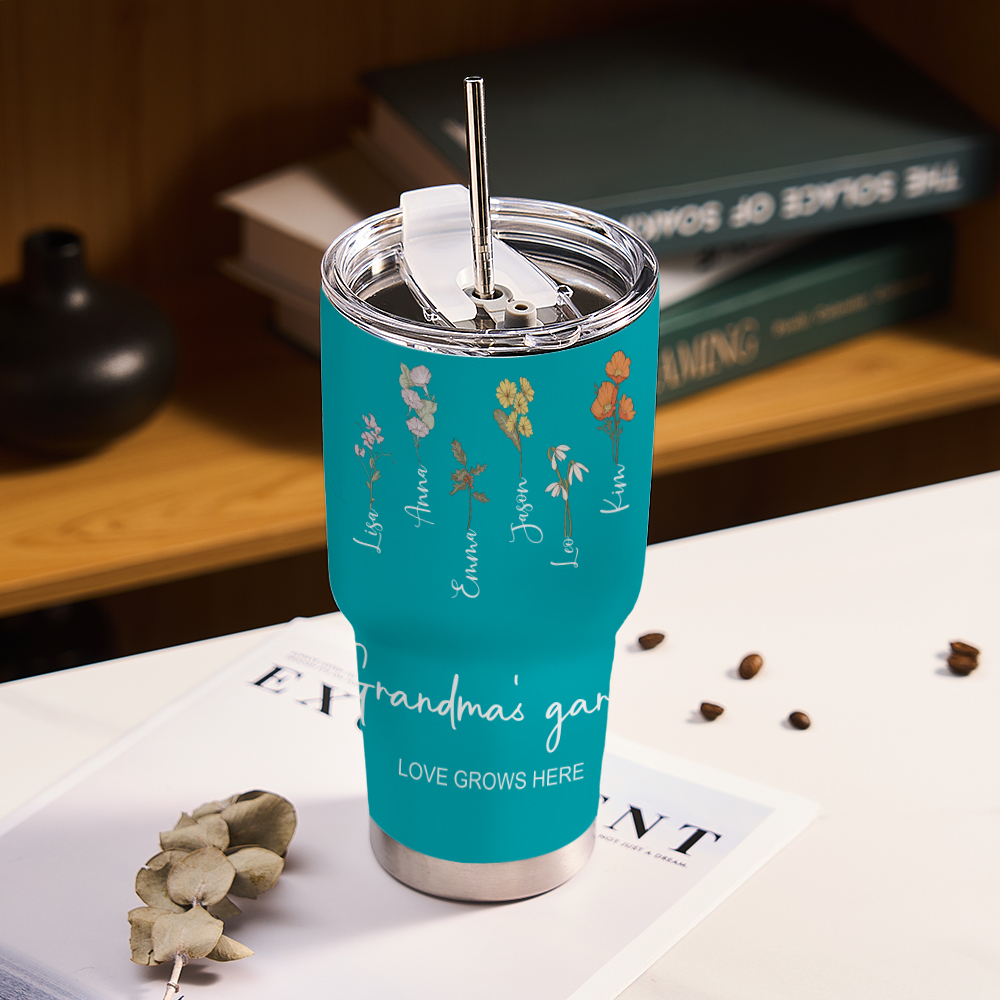 Custom 30oz Insulated Tumbler with Watercolor Birth Flower Name Text – Perfect Birthday Gift for Mom or Grandma-Blongser