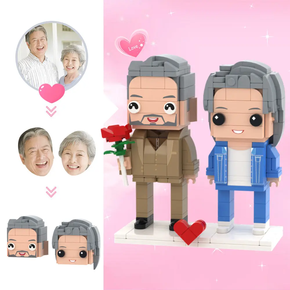 Custom Head Brick Figures Personalized 2 People Brick Figures Couple with Rose Brick Figures-Blongser