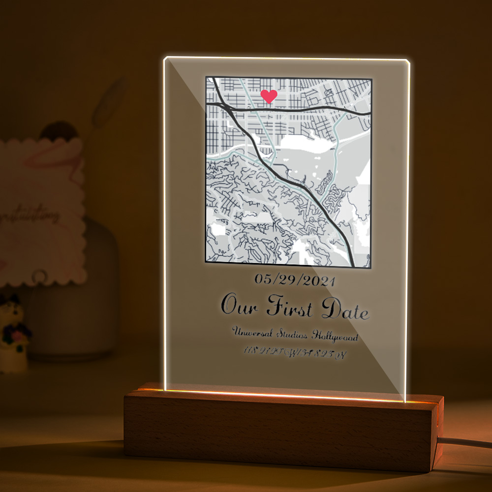 Personalized Acrylic Map Plaque Night Light with Text and Date-Blongser