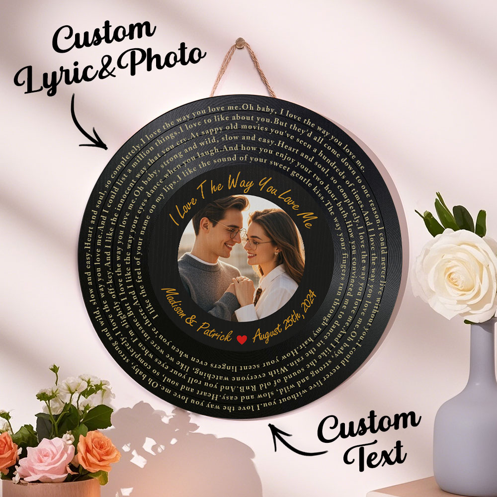 Personalized Vinyl Record Song Lyrics and Photo Round Wood Sign Gift for Lover-Blongser