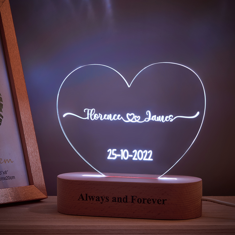 Heart Shaped Acrylic Plaque Personalized Name and Date Night Light-Blongser