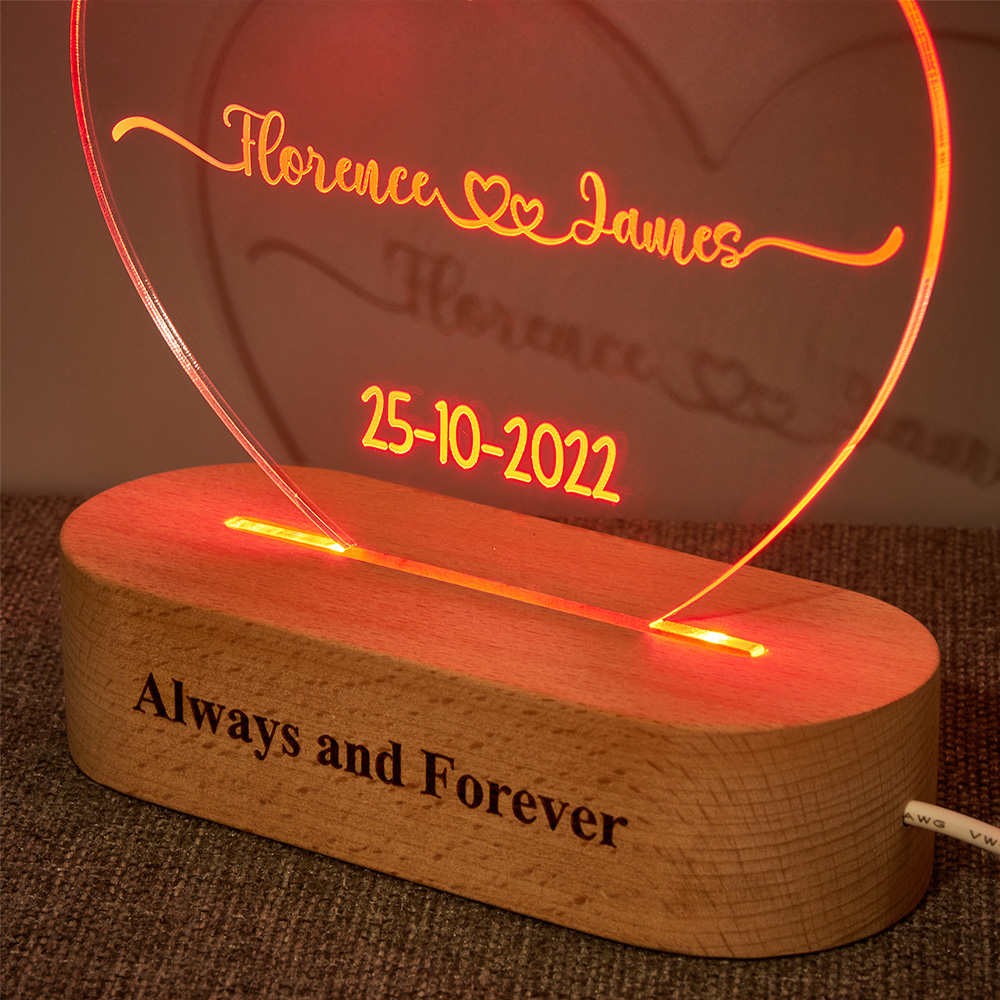 Heart Shaped Acrylic Plaque Personalized Name and Date Night Light-Blongser