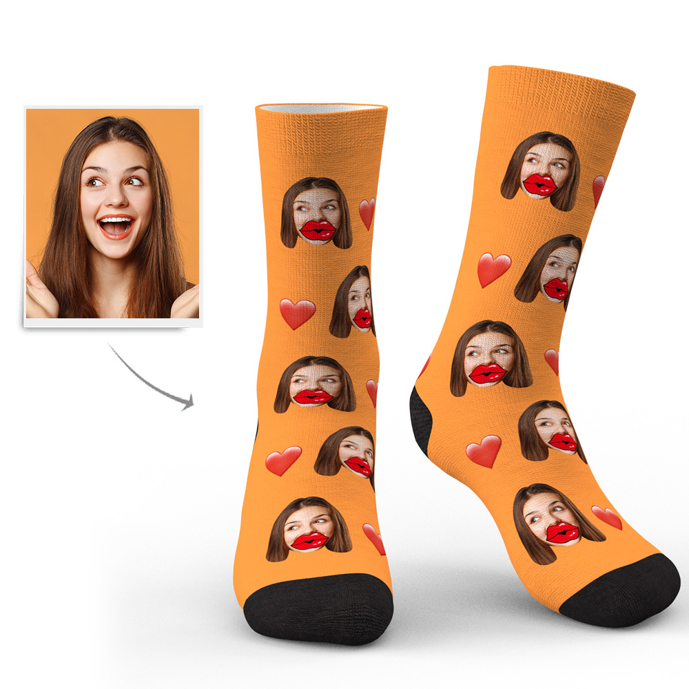 Custom Face Socks Personalized Unisex Socks with Heart and Red Lips-Blongser