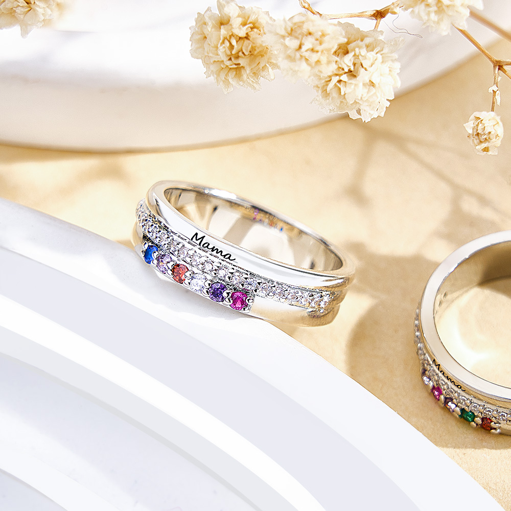 Personalized Birthstones Ring with Engraved Text Family Ring Jewelry Birthday Gift for Mom Grandma-Blongser