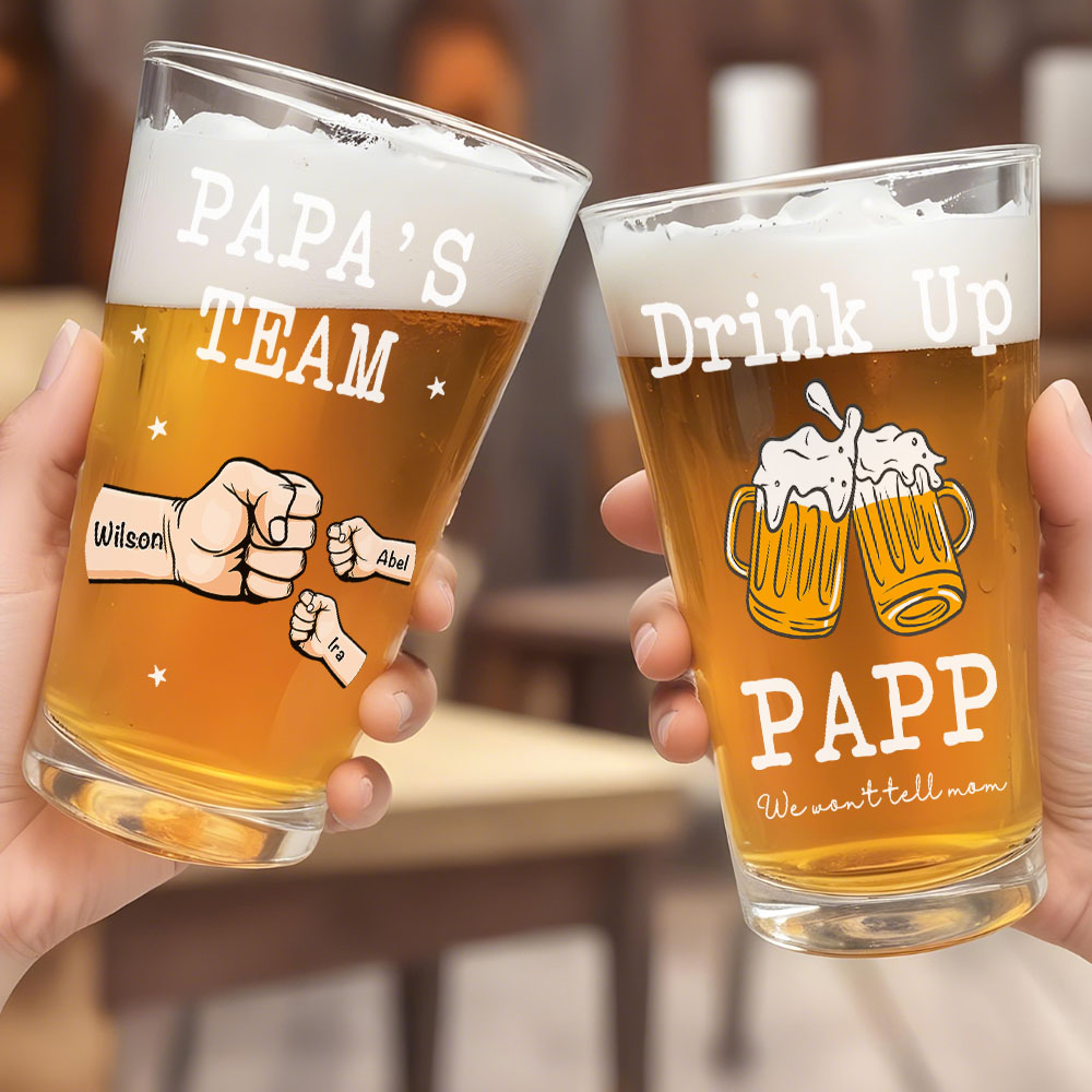 Personalized Beer Glass Drink Up Dad, We Won't Tell Mom Fist Beer Glass Gift for Dad Grandpa-Blongser