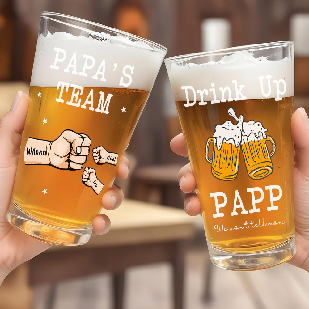 Personalized Beer Glass Drink Up Dad, We Won't Tell Mom Fist Beer Glass Gift for Dad Grandpa-Blongser