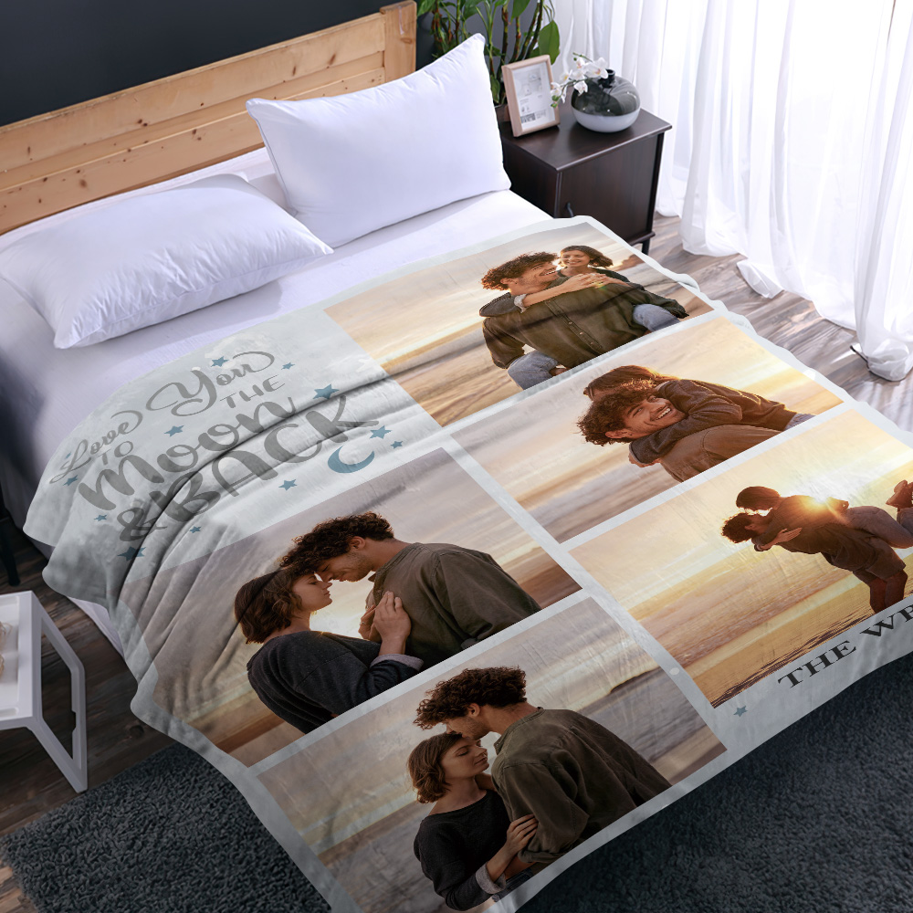 LOVE U TO THE MOON BACK Personalized Five Photos and Text Blanket-Blongser