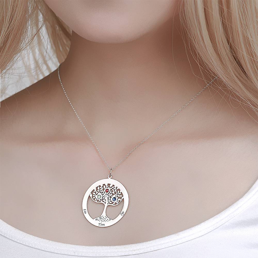 Personalized Family Tree Necklace Engraved Name Birthstone Necklace S925 Silver-Blongser