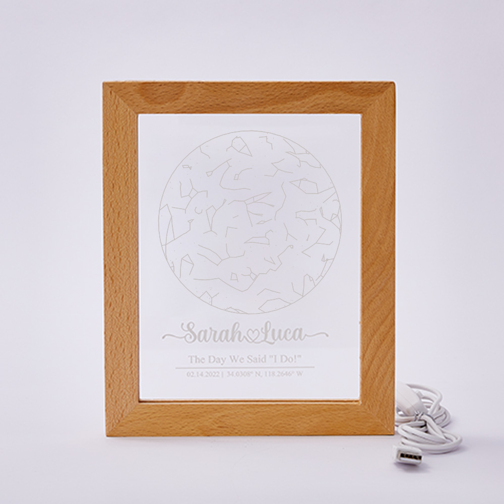 Custom Engraved Star Map Print Constellation Print Night Light with Wood Frame-Blongser