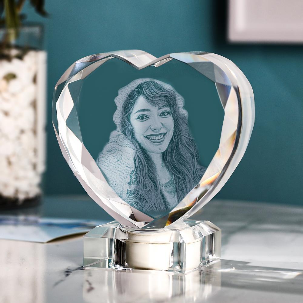 3D Laser Engraved Heart Crystal Photo Frame with Light Up LED Base-Blongser