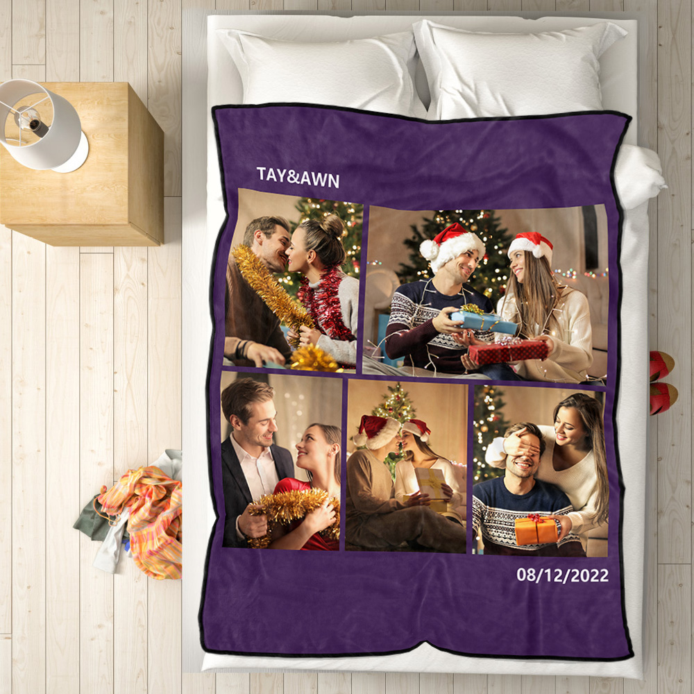 Personalised 5 Photos Fleece Blankets Custom Text Throw Couples Blanket-Blongser