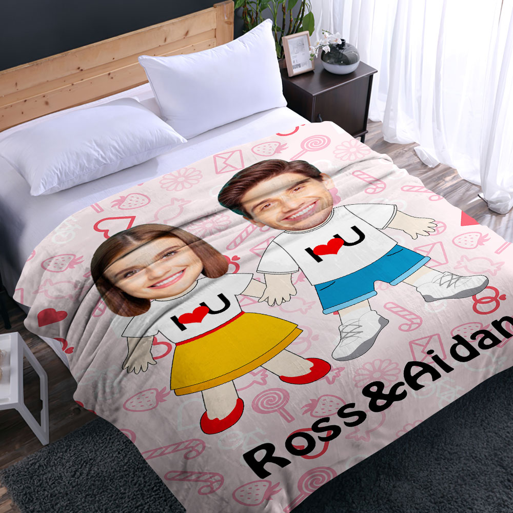 I LOVE U Custom Names Blanket Personalized Face Couple Blanket-Blongser