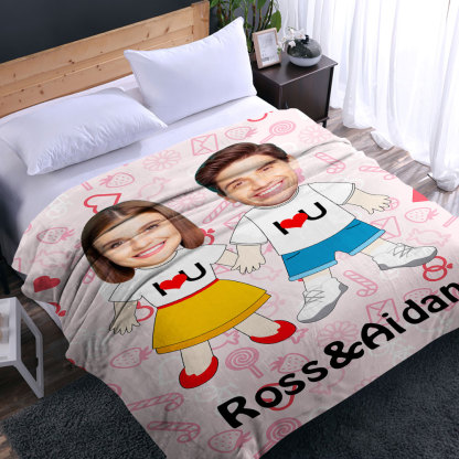 I LOVE U Custom Names Blanket Personalized Face Couple Blanket-Blongser