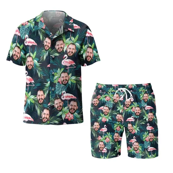 Custom Face Hawaiian Shirt And Beach Shorts Set Personalized Men's Photo Flamingo Flower Set Vacation Party Gift-Blongser