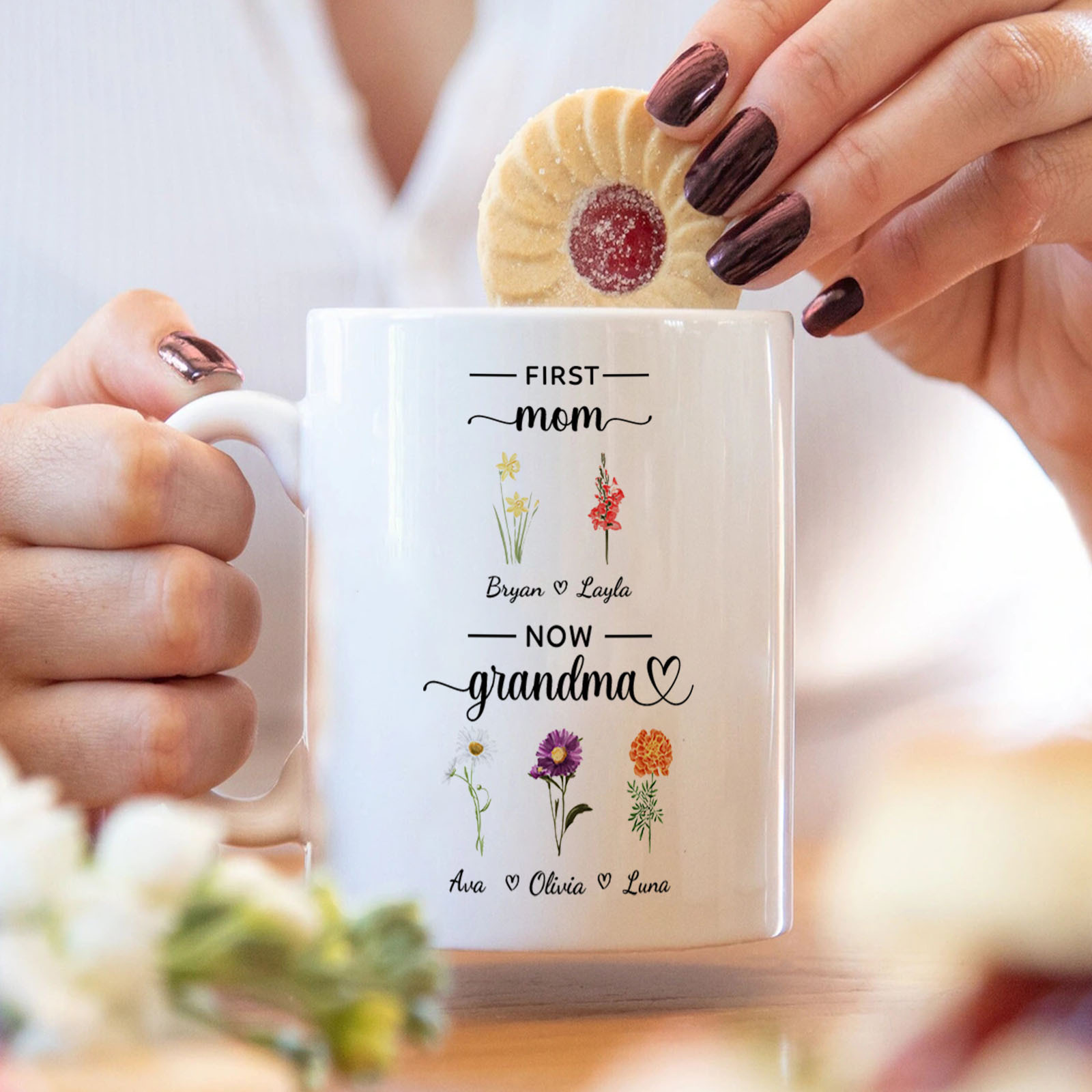 Personalized First Mom Now Grandma Mug Birth Flowers Ceramic Mug for Mother's Day Gifts-Blongser