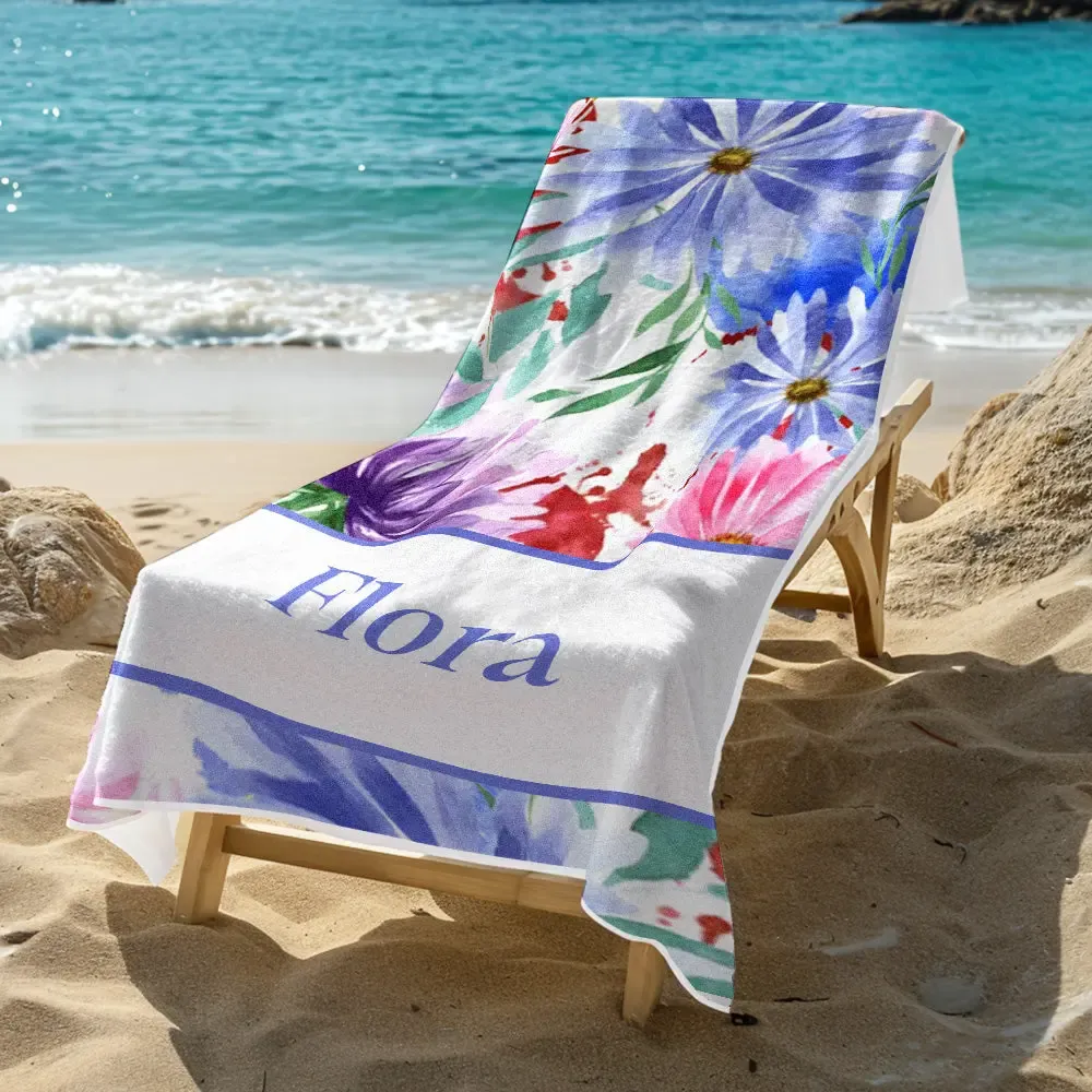 Personalized Watercolor Flower Beach Towel with Name Beach Accessories Gift for Her-Blongser