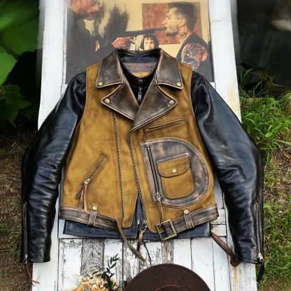 Tankcanvas Brand new Vintage Oil wax canvas splicing Motorcycle Jacket.Cool genuine leather coat.cowhide vest.quality-Tankcanvas