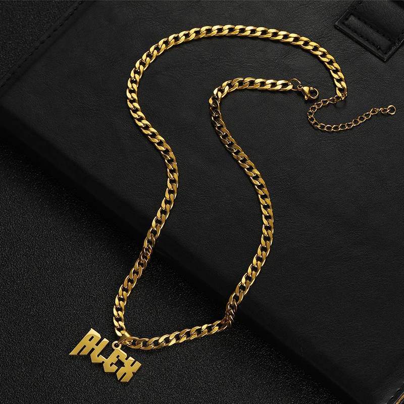 Tankcanxas Customized Name Necklace Pendant Gold Color Personalized Stainless Steel 5mm Wide Thick Chain Jewelry for Men Gifts-Tankcanvas