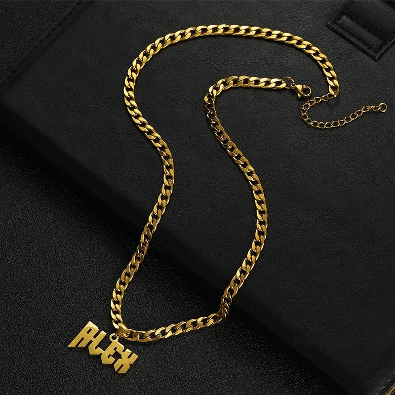 Tankcanxas Customized Name Necklace Pendant Gold Color Personalized Stainless Steel 5mm Wide Thick Chain Jewelry for Men Gifts-Tankcanvas