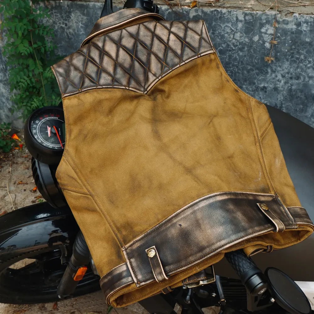 Tankcanvas Brand new Vintage Oil wax canvas splicing Motorcycle Jacket.Cool genuine leather coat.cowhide vest.quality-Tankcanvas