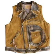 Tankcanvas Brand new Vintage Oil wax canvas splicing Motorcycle Jacket.Cool genuine leather coat.cowhide vest.quality-Tankcanvas