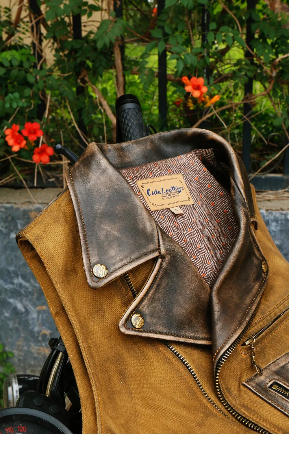 Tankcanvas Brand new Vintage Oil wax canvas splicing Motorcycle Jacket.Cool genuine leather coat.cowhide vest.quality-Tankcanvas