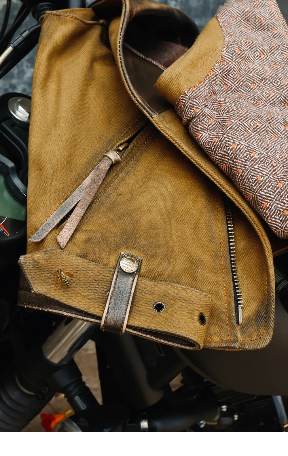 Tankcanvas Brand new Vintage Oil wax canvas splicing Motorcycle Jacket.Cool genuine leather coat.cowhide vest.quality-Tankcanvas